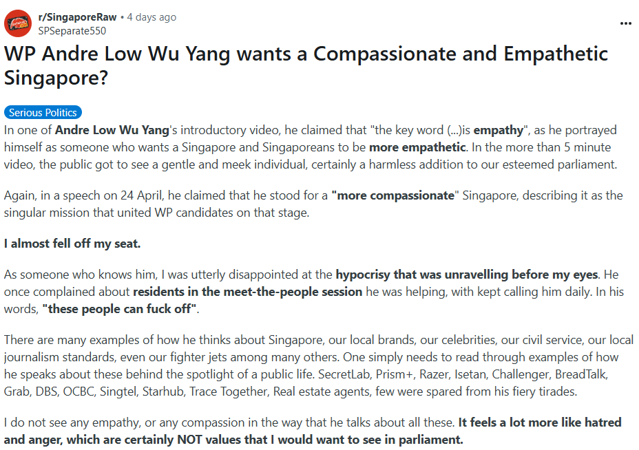 Workers’ Party Candidate Andre Low Apologizes for Vulgar Comments in Leaked Telegram Messages Before Jalan Kayu Election