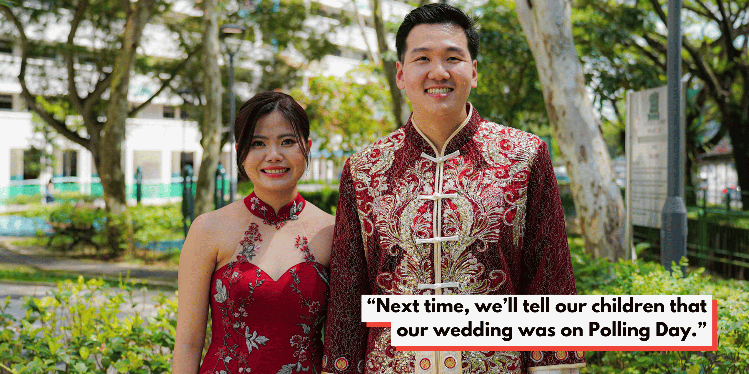 Couple ties the knot on polling day, shows up to vote in wedding attire