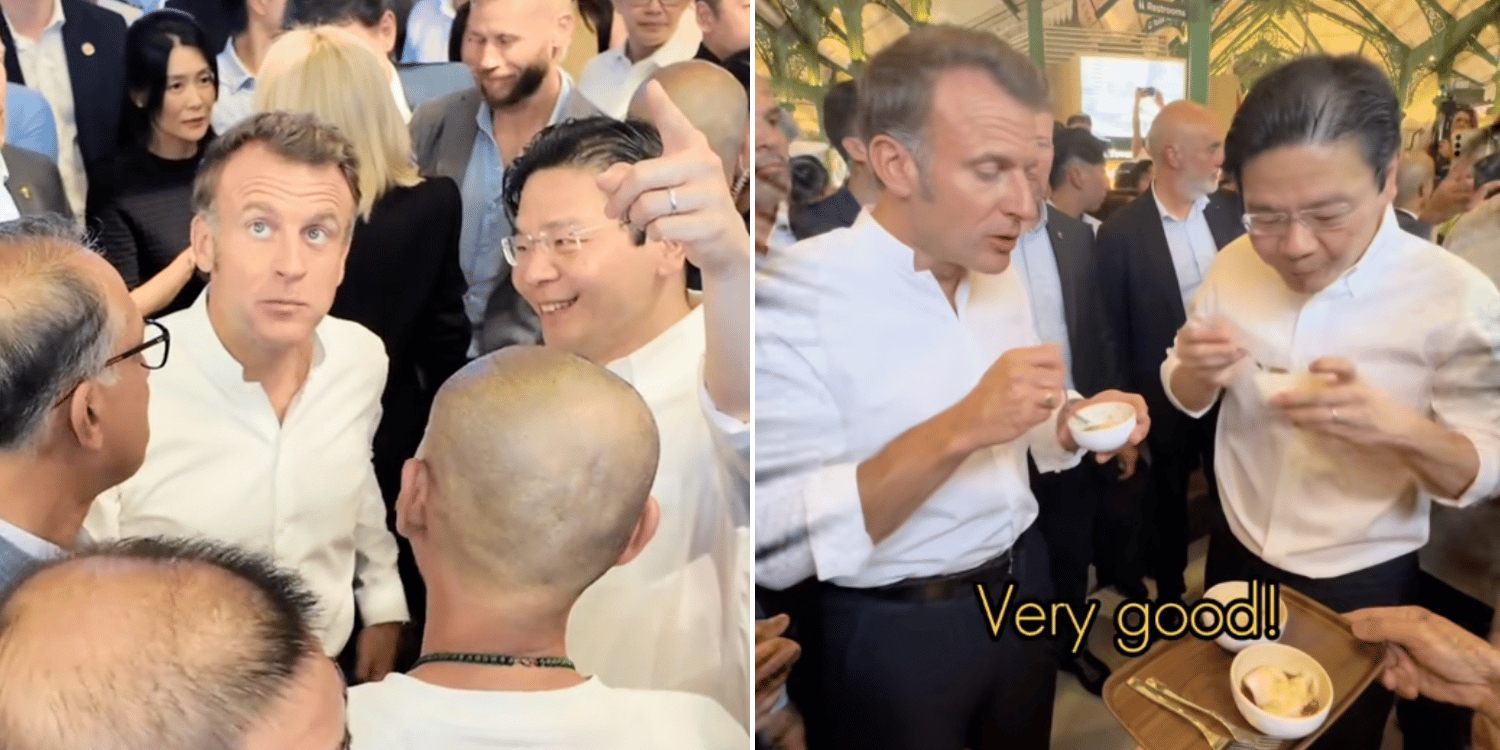 PM wong brings french President emmanuel macron to lau pa sat, introduces him to hawker culture