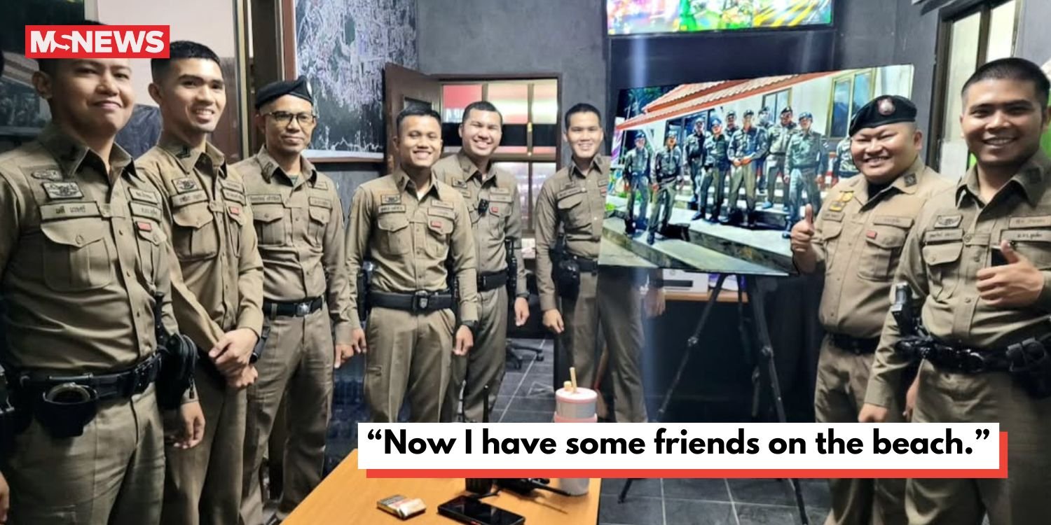 American artist paints portrait of police in phuket, they hang it at their station