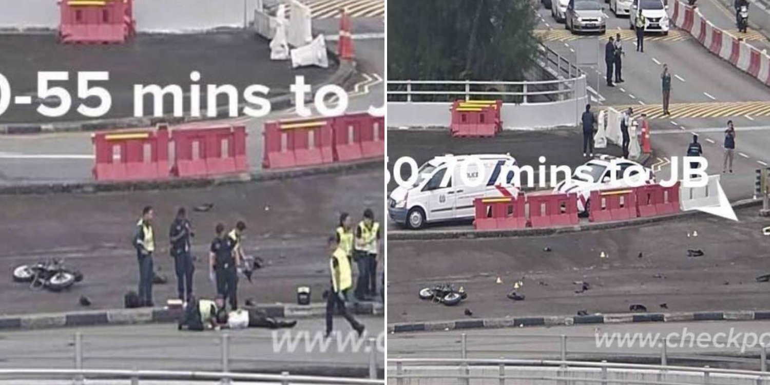 Motorcycle skids & crashes at tuas checkpoint, 23-year-old rider taken to hospital unconscious