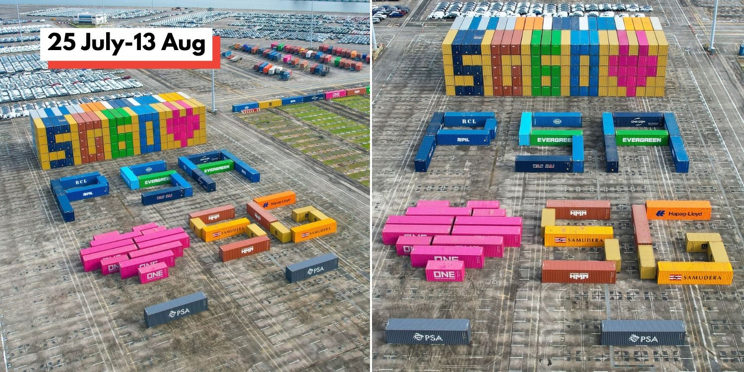 Colourful container display set up at tanjong pagar terminal to mark sg60