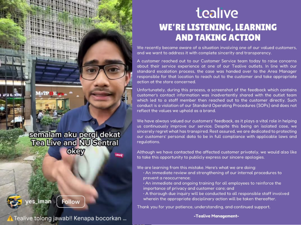 Customer allegedly harassed after complaint leaked, Tealive says sorry and promises to punish those involved (VIDEO)