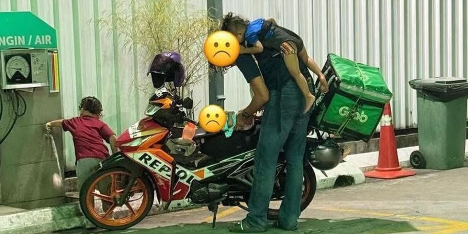 M’sian delivery rider changes baby diaper at petrol station, had brought them along to work