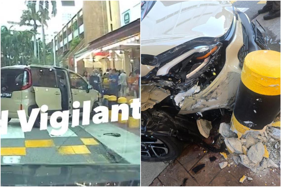 Woman motorcyclist hurt after car crashes into bollard next to Clementi coffee shop