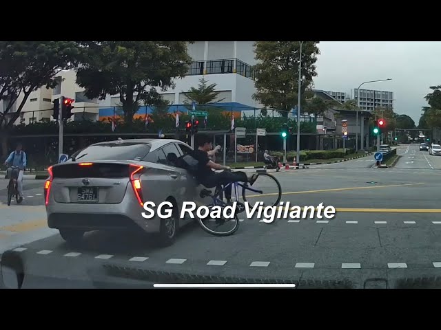 Woodlands Ave cyclist fail to conform to red light signal & hit toyota prius