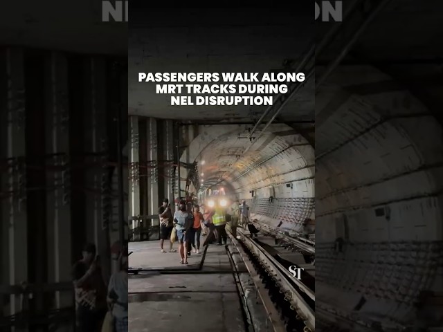 Passengers walk along MRT tracks during NEL disruption