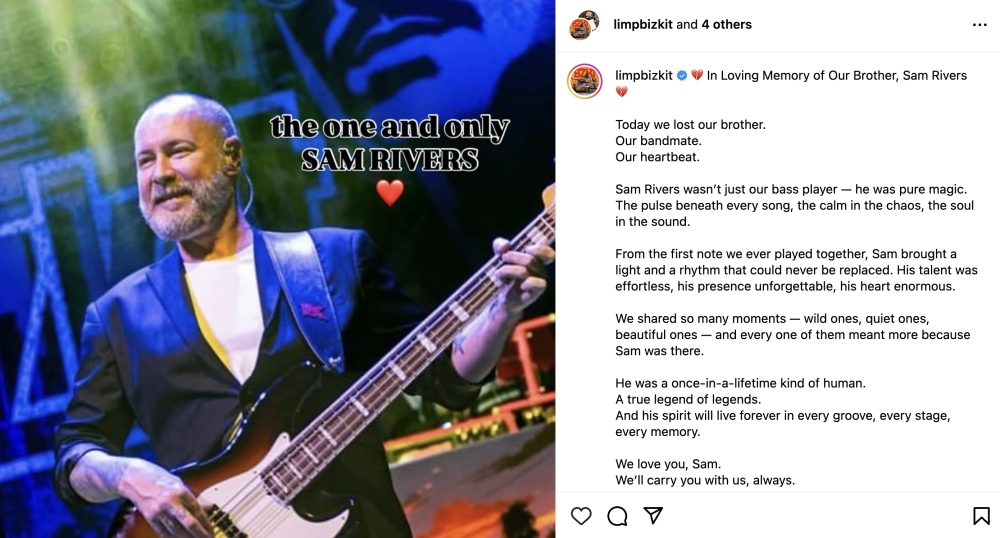 ‘Pure magic’: Limp Bizkit pays tribute to bassist Sam Rivers following his untimely death