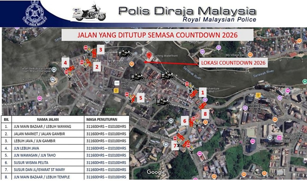 Police announce road closures near Kuching Waterfront as city prepares for New Year countdown festivities
