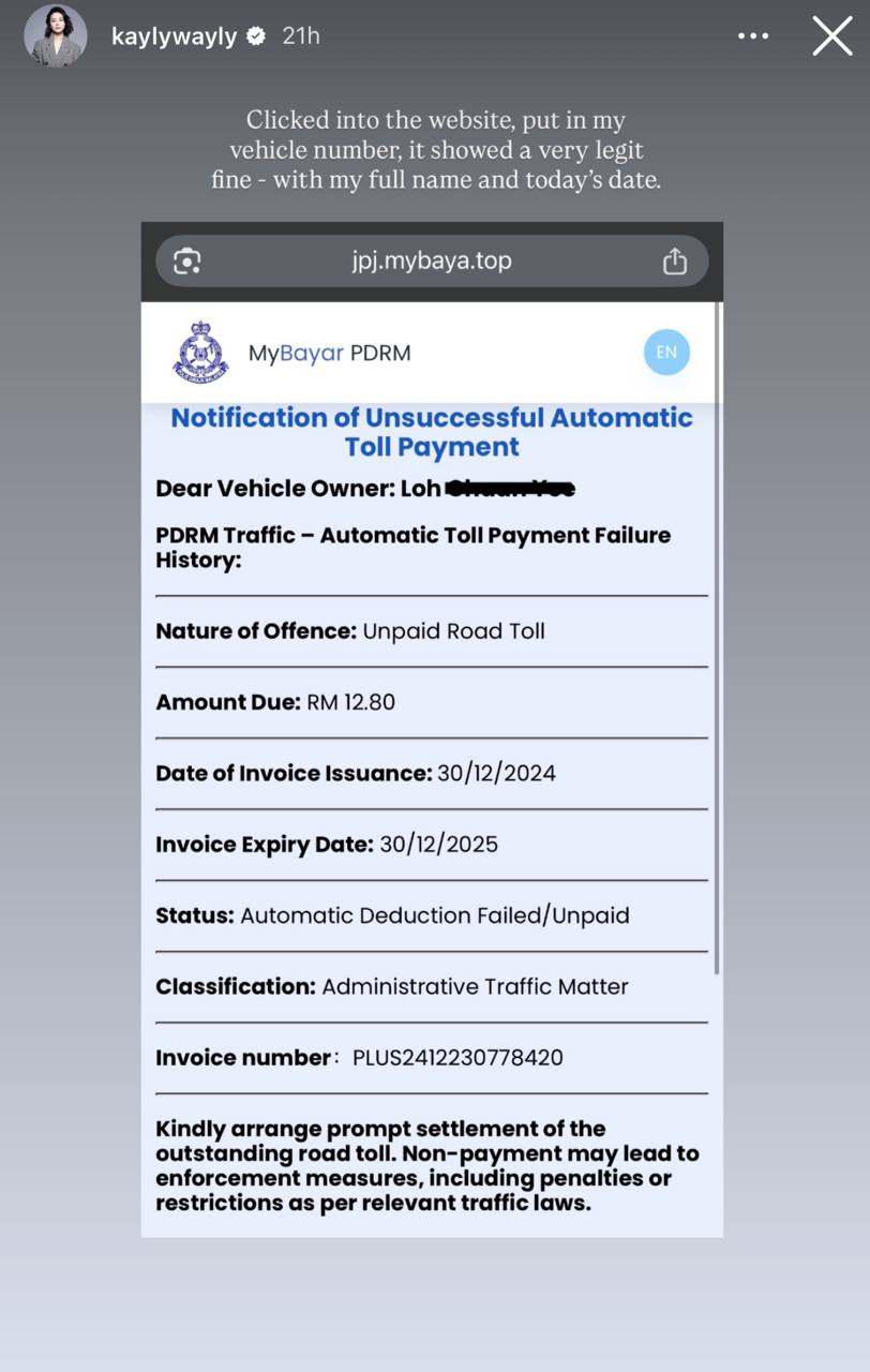 Mediacorp Actress Kayly Loh Nearly Loses $3K to Toll Scam While Travelling in M’sia