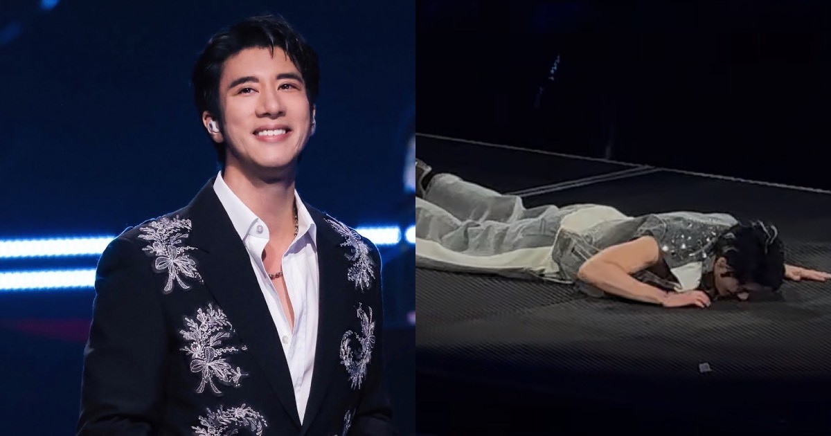 Wang Leehom stuck face-down on stage while singing after necklace gets caught in groove